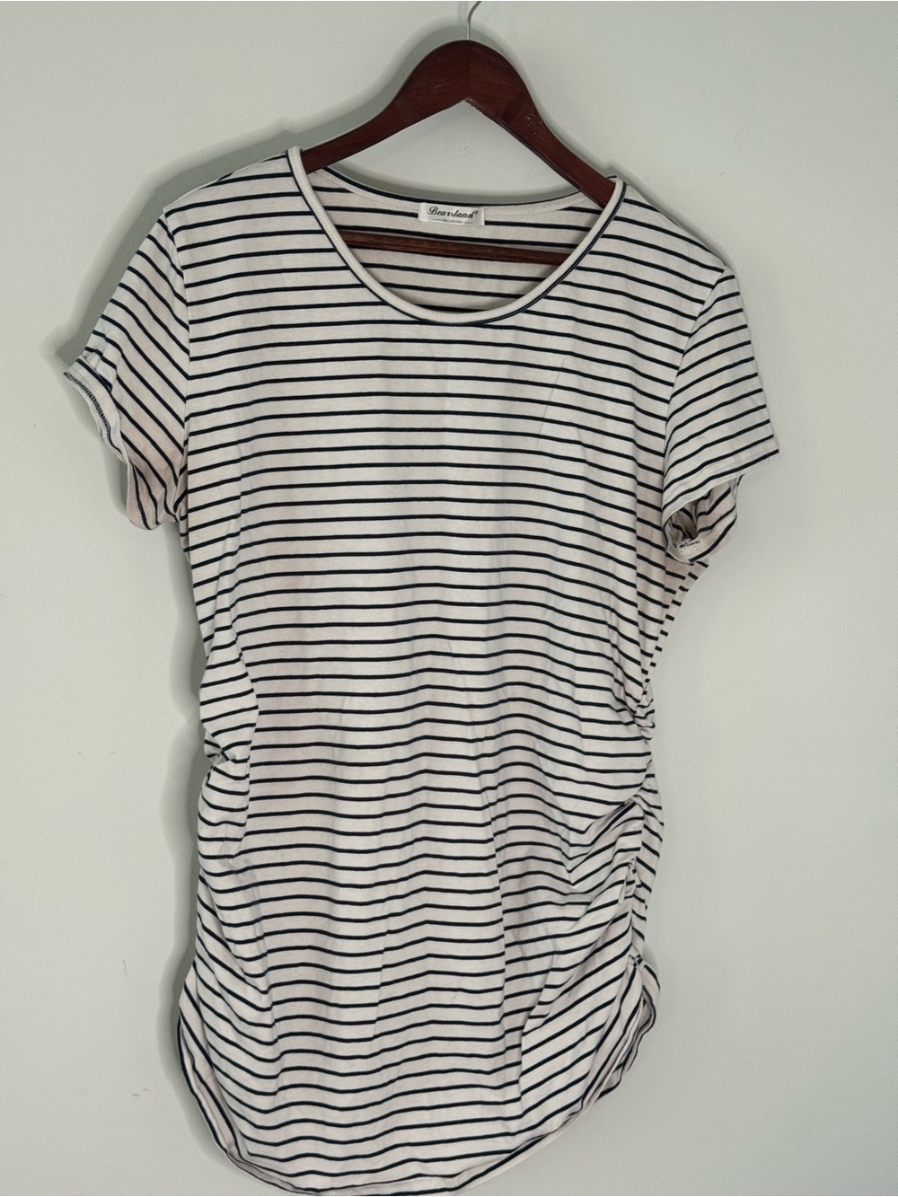 Bearsland Maternity Top XXL White Navy Striped Ruched Side Short Sleeve